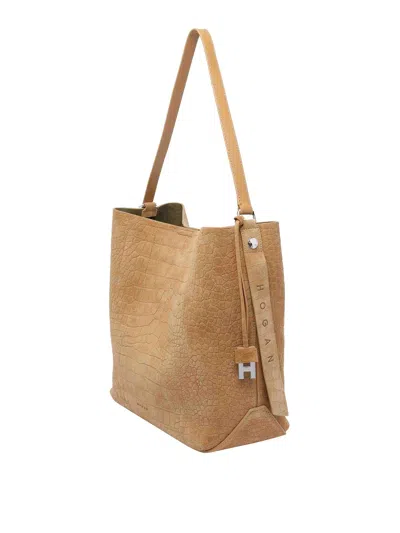 Hogan Suede Hobo Tote Adjustable Shoulder Strap In Sand