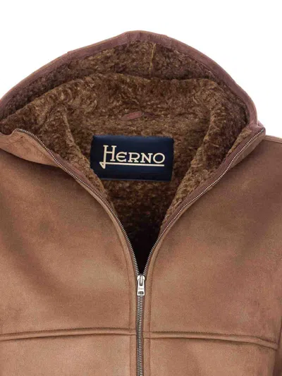 Herno Hooded Jacket With Front Pockets And Sleeves In Brown