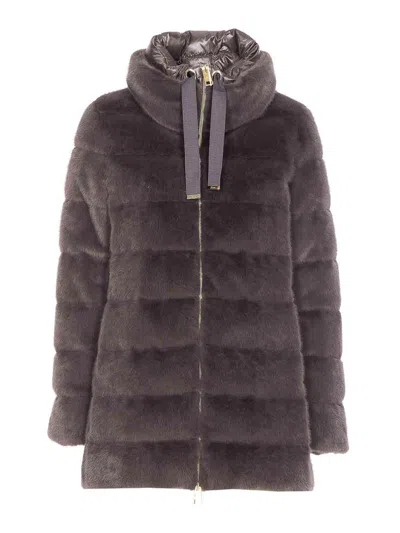 Herno Grey Down Jacket In Faux Fur With Hood In Brown