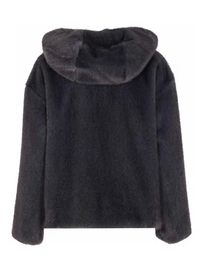 Herno Grey Jacket With Drawstring Hood And Two Front Welt Pockets In Ecofur Woman In Blue