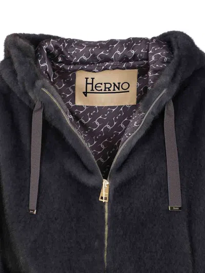 Herno Grey Jacket With Drawstring Hood And Two Front Welt Pockets In Ecofur Woman In Blue