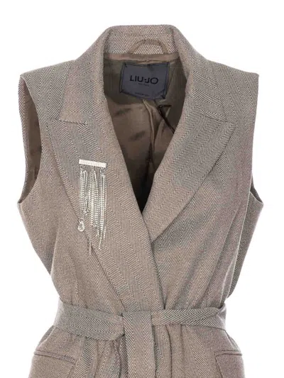 Liu •jo Tailored Sleeveless Jacket With Belted Waist In Brown