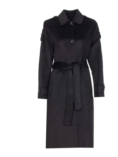 Liu •jo Mid-length Black Coat With Decorative Fringe Detail In Black