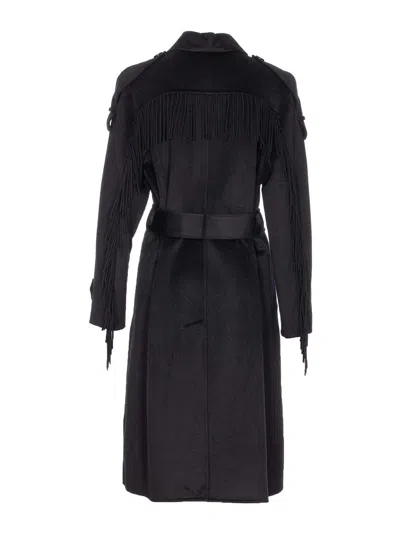 Liu •jo Mid-length Black Coat With Decorative Fringe Detail In Black