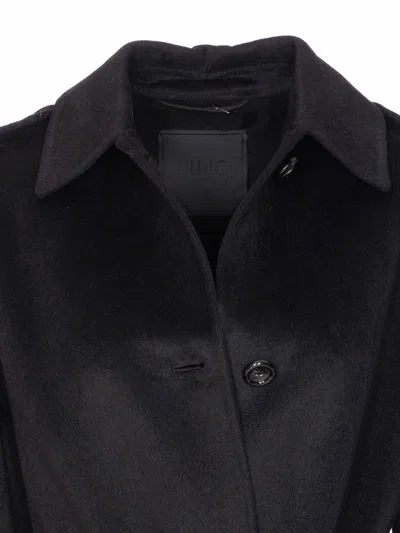 Liu •jo Mid-length Black Coat With Decorative Fringe Detail In Black