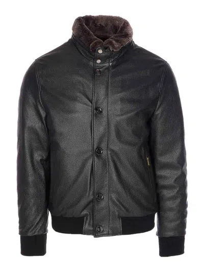 Moorer High Neck Textured Jacket With Fur Collar In Black