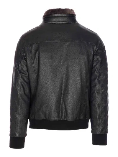 Moorer High Neck Textured Jacket With Fur Collar In Black