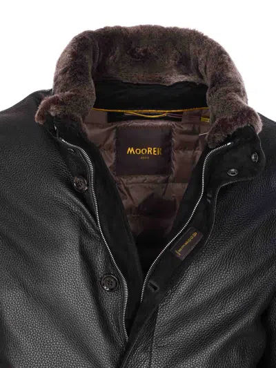 Moorer High Neck Textured Jacket With Fur Collar In Black