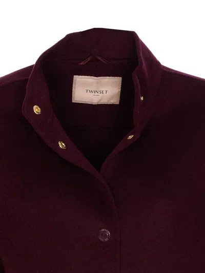 Twinset Double-faced Bomber Jacket With High Collar In Burgundy
