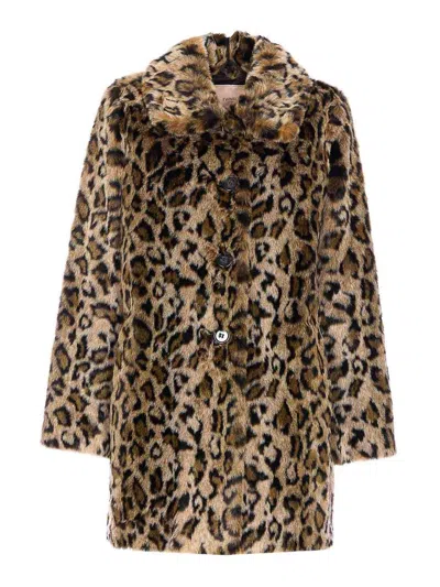 Twinset Brown Coat With Notched Collar And All-over Leopard Motif In Ecofur Woman In Brown