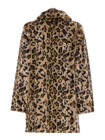 Twinset Brown Coat With Notched Collar And All-over Leopard Motif In Ecofur Woman In Brown