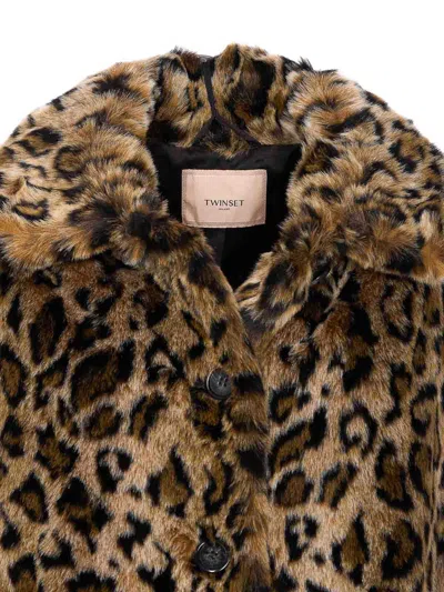 Twinset Brown Coat With Notched Collar And All-over Leopard Motif In Ecofur Woman In Brown