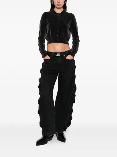 Alexander Wang Cotton-blend Chenille Cropped Polo Cardigan In Black