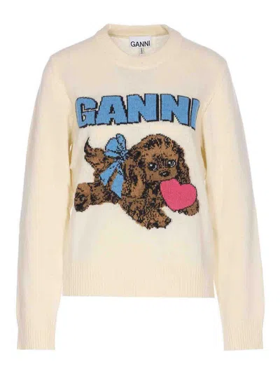 Ganni Womens Egret Puppy Round-neck Wool-blend Jumper Xs In White