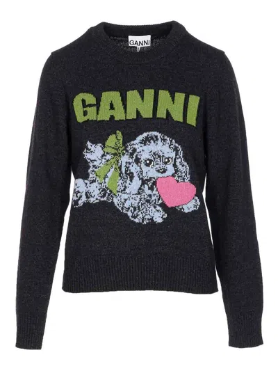 Ganni Playful Puppy Love Graphic Wool Blend Crewneck Sweater In Black