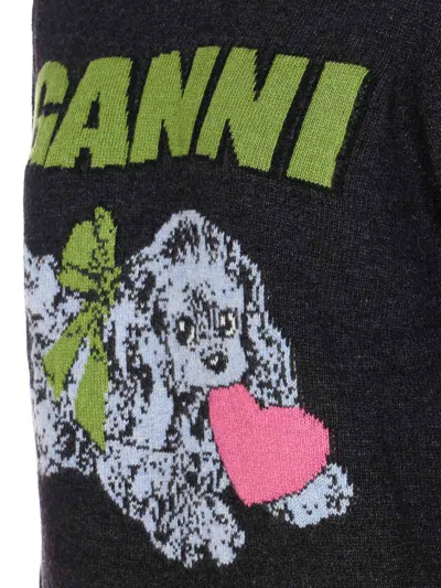 Ganni Playful Puppy Love Graphic Wool Blend Crewneck Sweater In Black