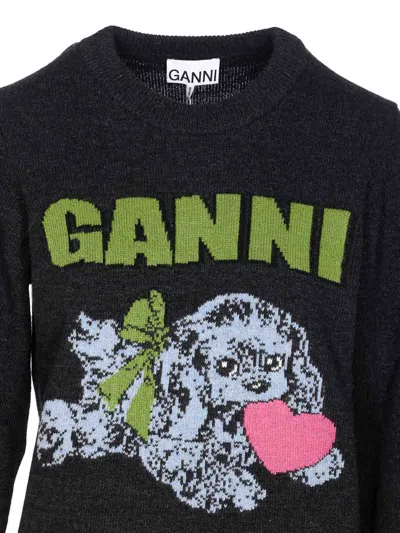 Ganni Playful Puppy Love Graphic Wool Blend Crewneck Sweater In Black