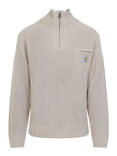 Carhartt Half-zip Knitted Pullover With Ribbed Texture In Neutral