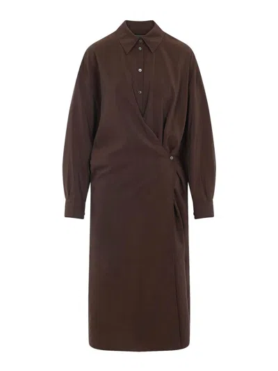 Lemaire Silk Midi Dress With Wrap-style Front And Shirt Collar In Brown