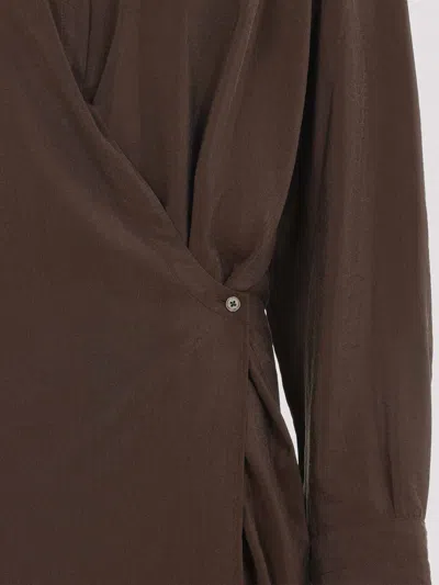 Lemaire Silk Midi Dress With Wrap-style Front And Shirt Collar In Brown