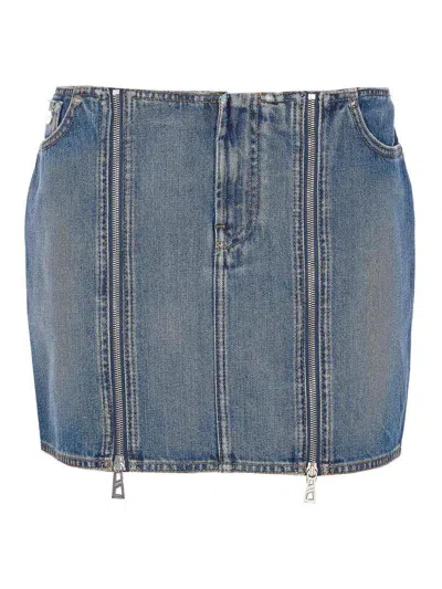 Jean Paul Gaultier Denim Miniskirt With Double Vertical Silver Zippers In Blue