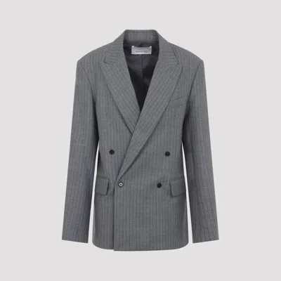 The Frankie Shop Double Breasted Blazer Pinstripes In Gray