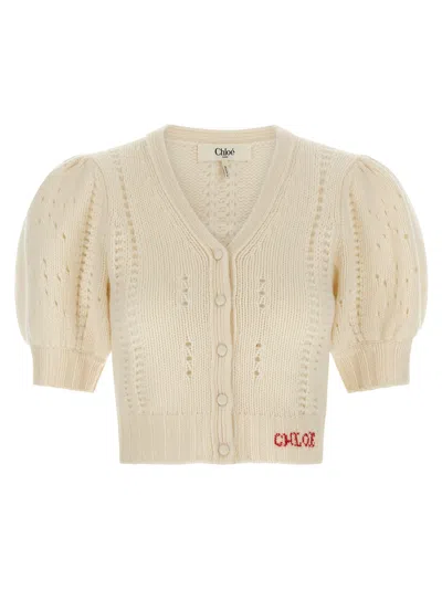 Chloé Jacquard Logo Cardigan Sweaters And Cardigans White In Neutral
