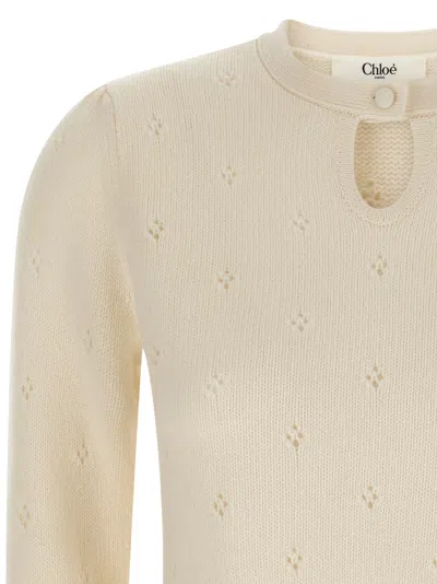 Chloé Wool And Cashmere Fitted Sweater With An Openwork Motif Clothing In Neutral
