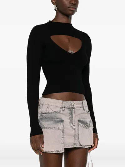 Diesel Fitted Black Ribbed Wool Sweater In Multi