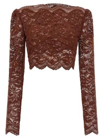 Rabanne Floral Lace Long Sleeve Cropped Top In Brown