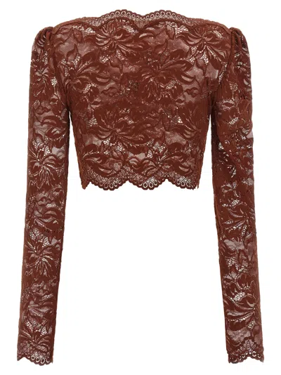 Rabanne Floral Lace Long Sleeve Cropped Top In Brown