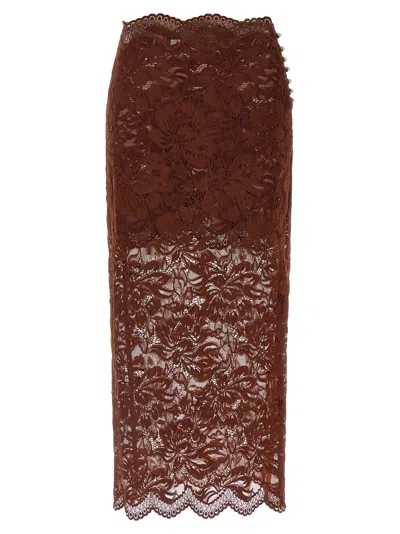 Rabanne Floral Lace Brown Midi Skirt With Scalloped Hem In Brown