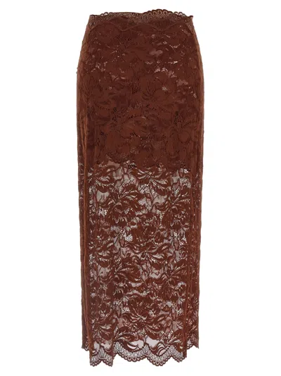 Rabanne Floral Lace Brown Midi Skirt With Scalloped Hem In Brown
