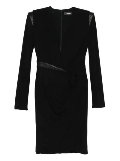 Versace Draped Long Sleeve Dress With Shoulder Pads In Black