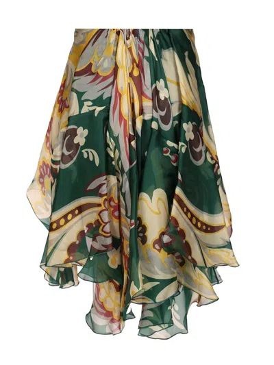 Etro Midi Skirt With Ruffles And Pasley Motif Skirts White In Green