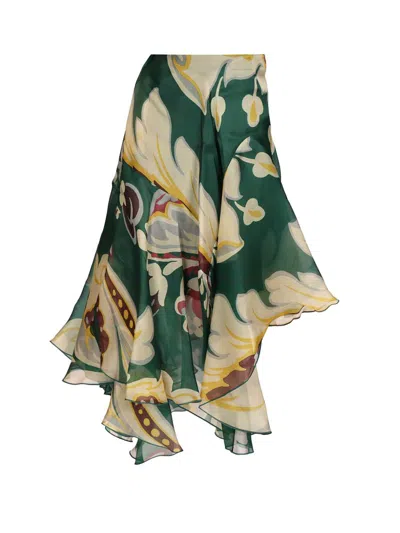 Etro Midi Skirt With Ruffles And Pasley Motif Skirts White In Green