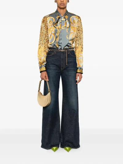 Versace Baroque-pattern Silk Shirt With Leopard Accents In Gray