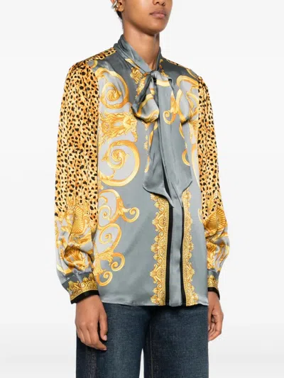 Versace Baroque-pattern Silk Shirt With Leopard Accents In Gray