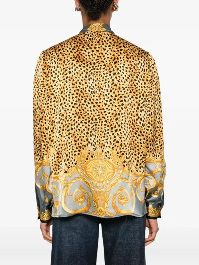 Versace Baroque-pattern Silk Shirt With Leopard Accents In Gray