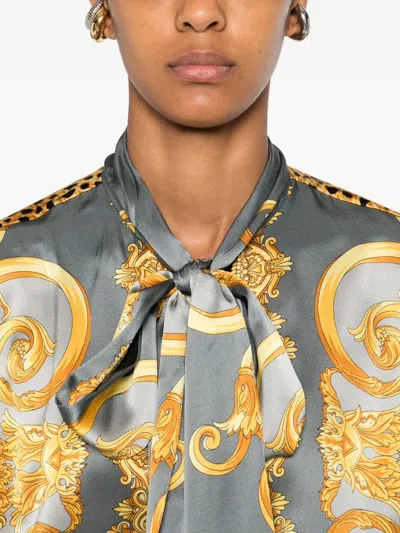 Versace Baroque-pattern Silk Shirt With Leopard Accents In Gray
