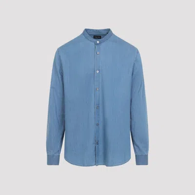 Giorgio Armani Long-sleeve Cotton Shirt With Band Collar And Button-down Front In Blue