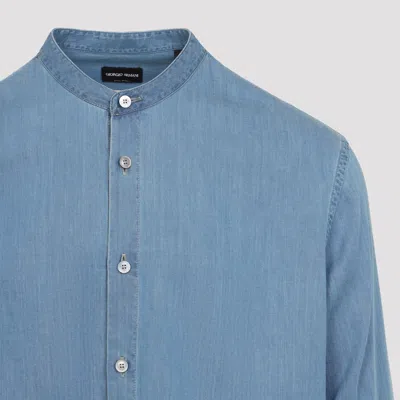 Giorgio Armani Long-sleeve Cotton Shirt With Band Collar And Button-down Front In Blue