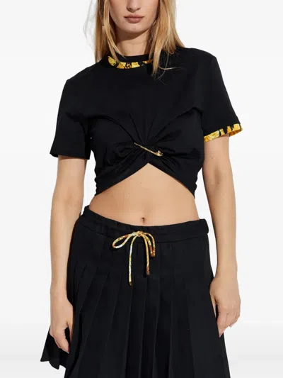 Versace Cropped T-shirt With Baroque Print Trim In Black