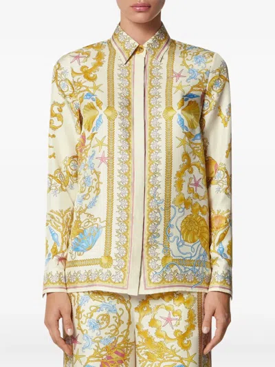 Versace Underwater Barocco Print Silk Shirt In Brown