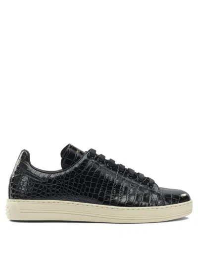Tom Ford Textured Crocodile Pattern Sneakers With Rubber Sole In Black