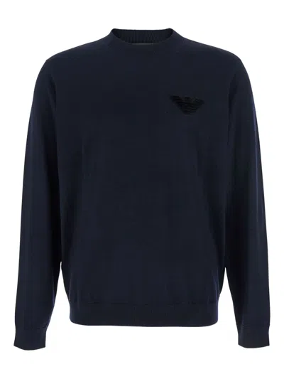Emporio Armani Dark Blue Sweater With Logo Embroidery In Wool And Cotton Man In Blue