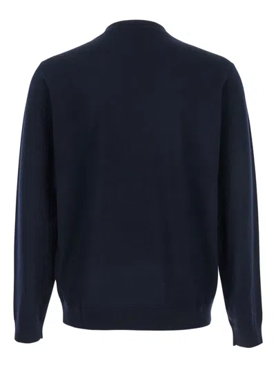 Emporio Armani Dark Blue Sweater With Logo Embroidery In Wool And Cotton Man In Blue