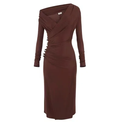 Elisabetta Franchi Brown Draped Midi Dress With Asymmetric Neckline In Viscose Stretch Woman In Brown