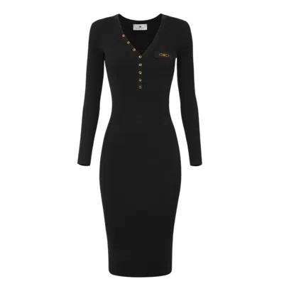 Elisabetta Franchi Black V-neck Dress With Logo Plaque On The Front In Fabric Woman In Black