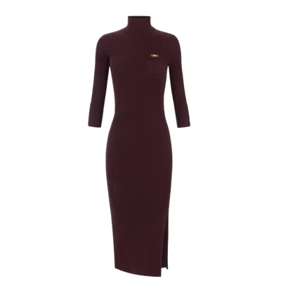 Elisabetta Franchi Bordeaux Turtle-neck Dress With Logo Plaque On The Front In Fabric Woman In Animal Print